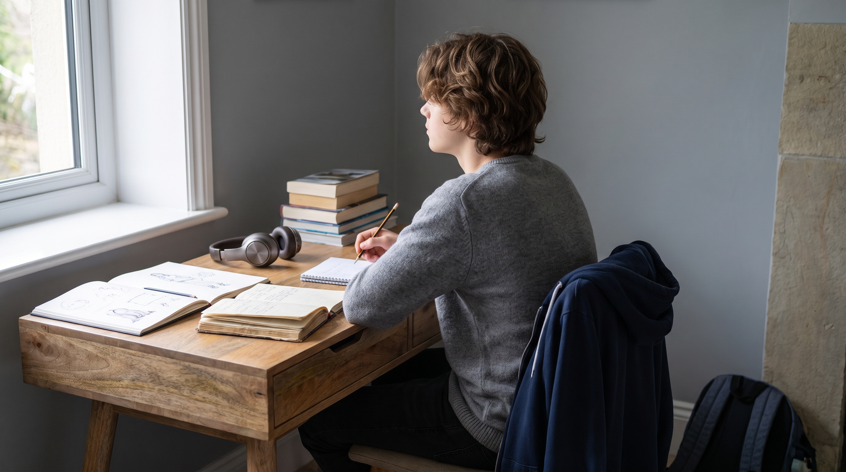 Adolescent seated at a desk by a window with notebooks and headphones